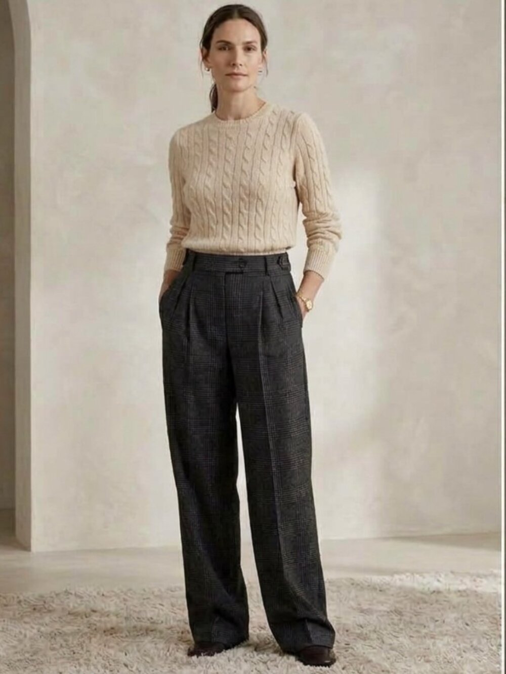 NWT Brunello Cucinelli Charcoal Checkered Wide-Leg 100% Virgin Wool Trousers